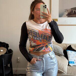 Handmade Upcycled Long Sleeve Top – Race Car Cotton Tshirt x Stretchy Black Slee